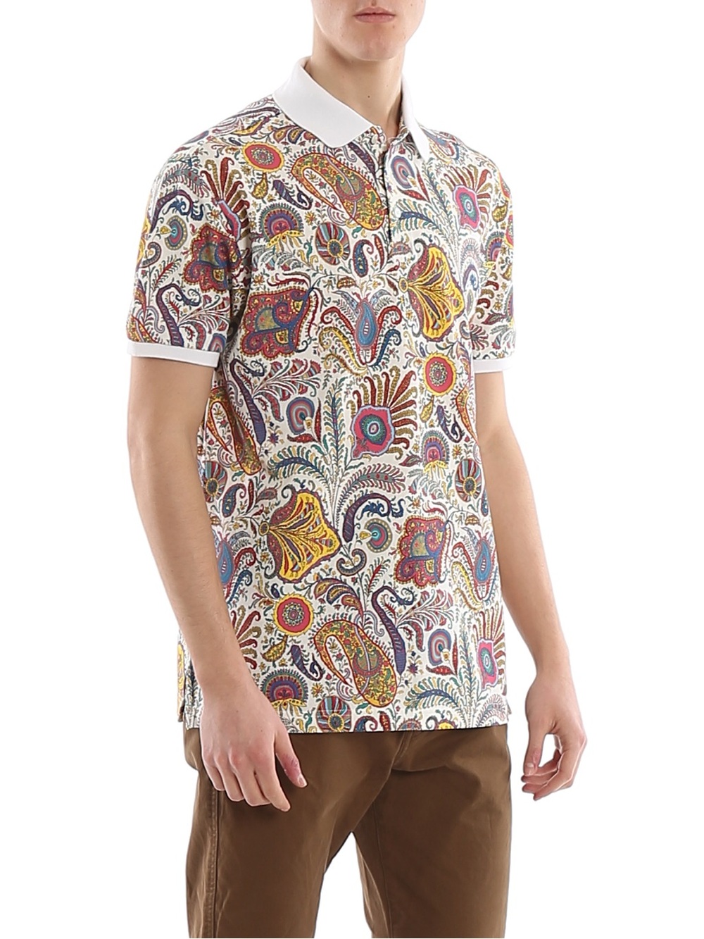 ETRO Men's Multicolor Paisley Print Polo Shirt Cotton White Collar Size 2XL